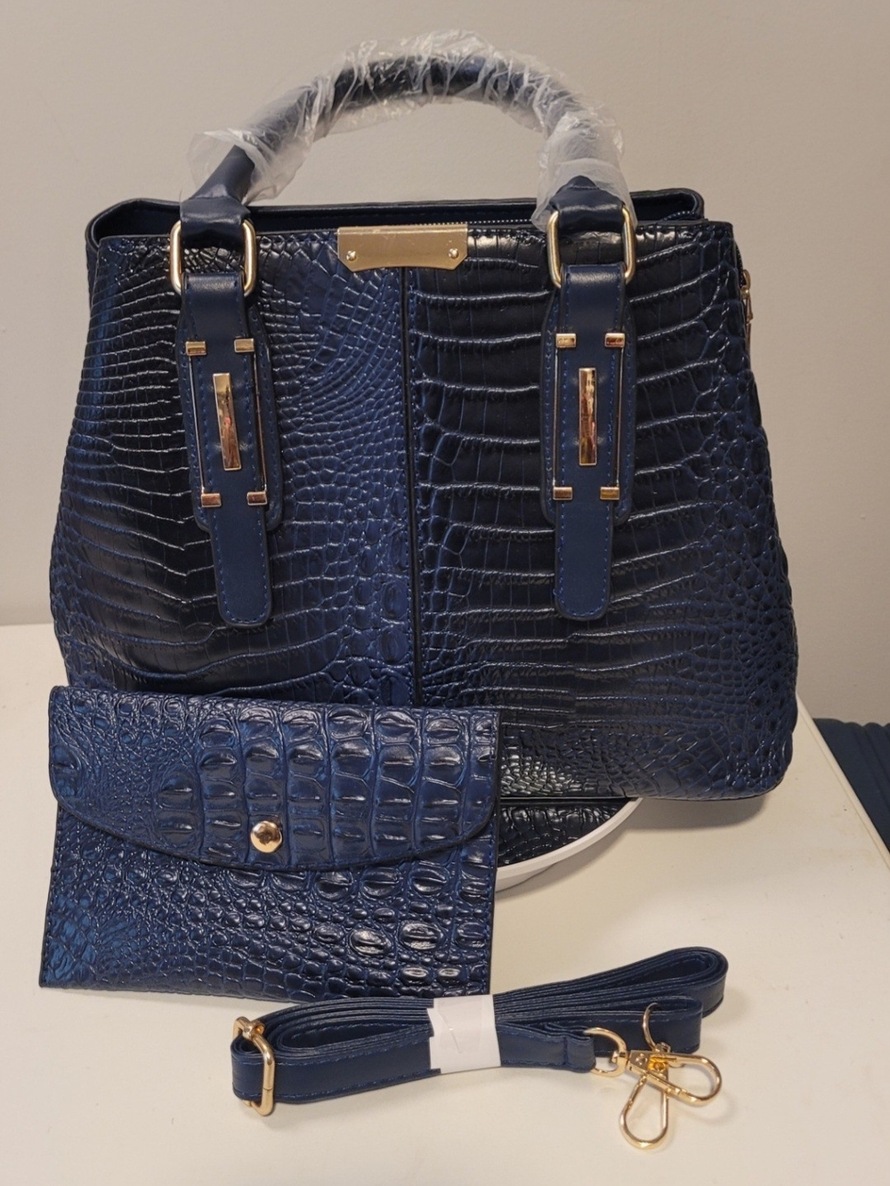 Croc-Embossed Structured Satchel in Dark Blue - Picture 2 of 5